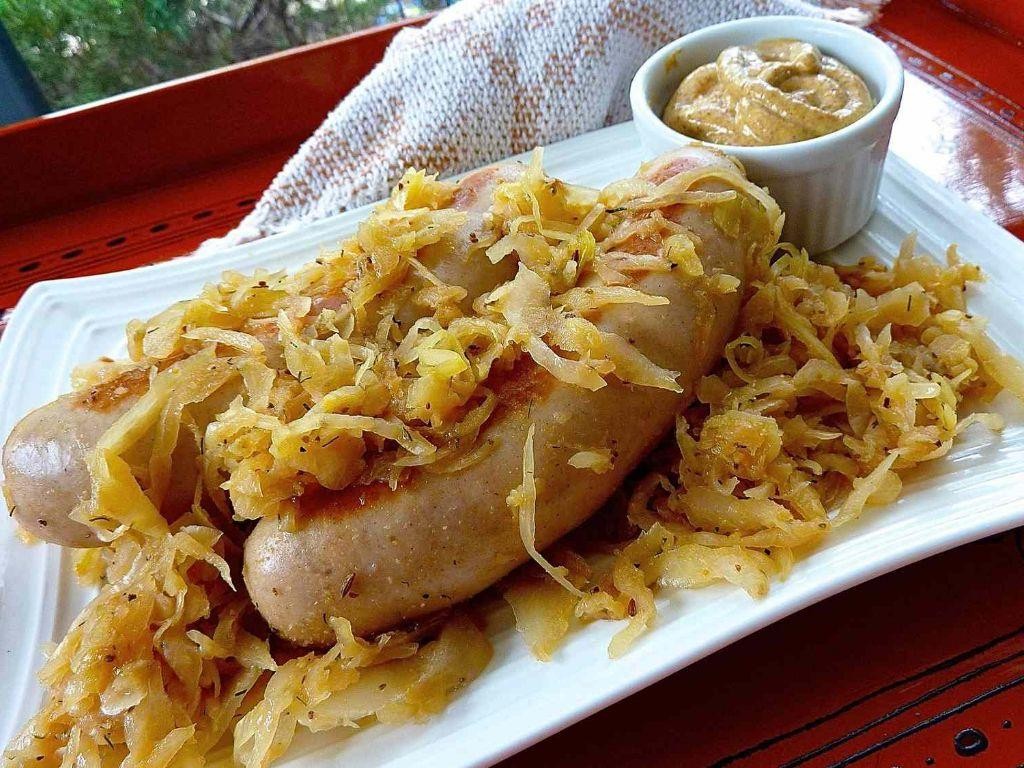 Cheddar Brats with Sauerkraut and Swiss Cheese