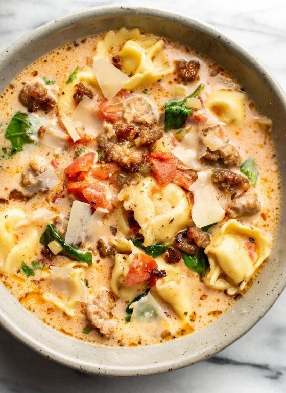 Cheesy Sausage Tortellini Soup with Garlic