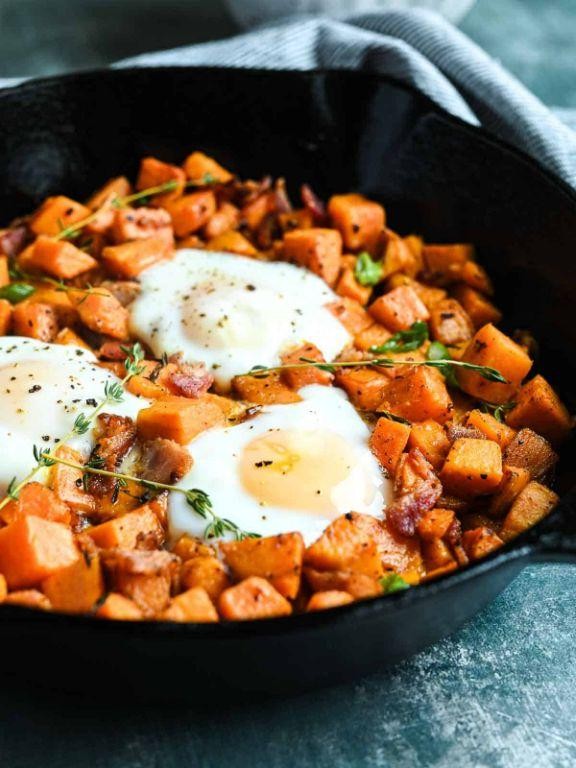 Cheesy Sweet Potato and Bacon Skillet