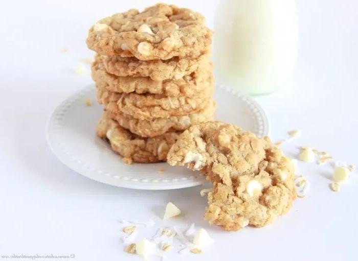 Chewy Coconut Oatmeal Cookies with White Chocolate