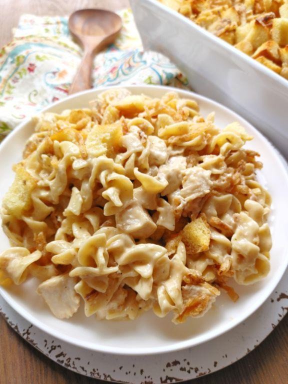 Chicken Noodle Hotdish with Crispy Fried Onions
