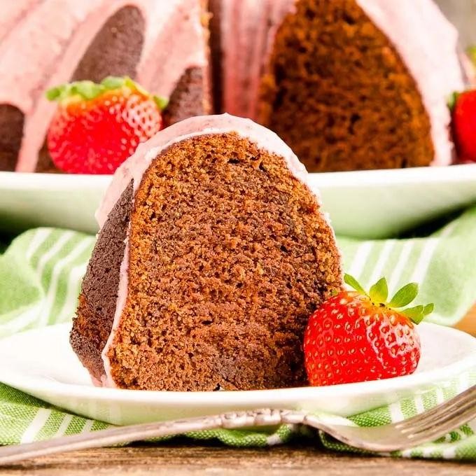 Chocolate Fudge Bundt Cake with Strawberry Glaze
