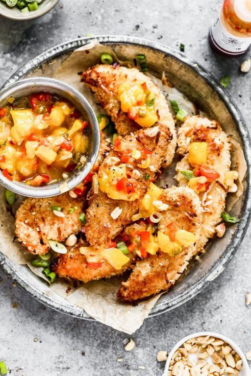 Coconut Crusted Chicken Strips with Mango Salsa