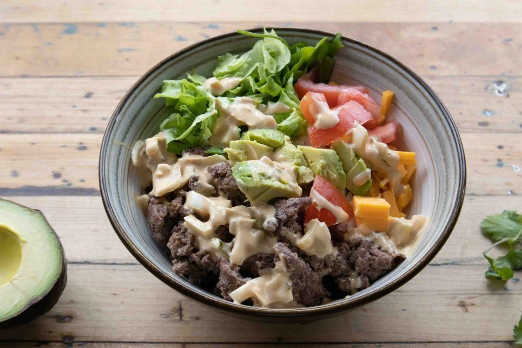 Creamy Avocado Burger Rice Bowl