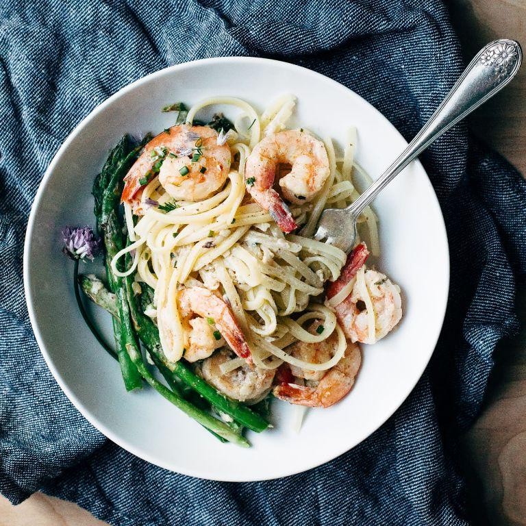 Creamy Calamarata with Shrimp and Asparagus