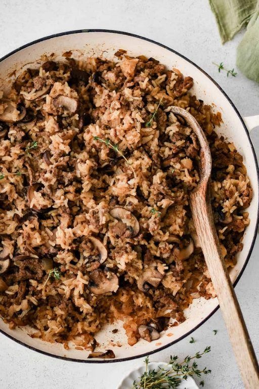 Creamy Mushroom and Beef Rice Skillet