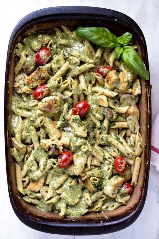 Creamy Pesto Chicken and Mushroom Bake