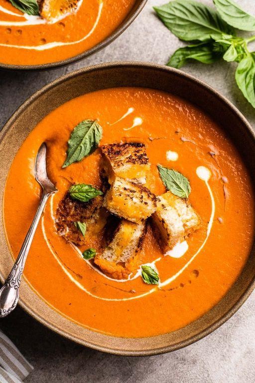 Creamy Tomato Basil Soup with Grilled Cheese Croutons