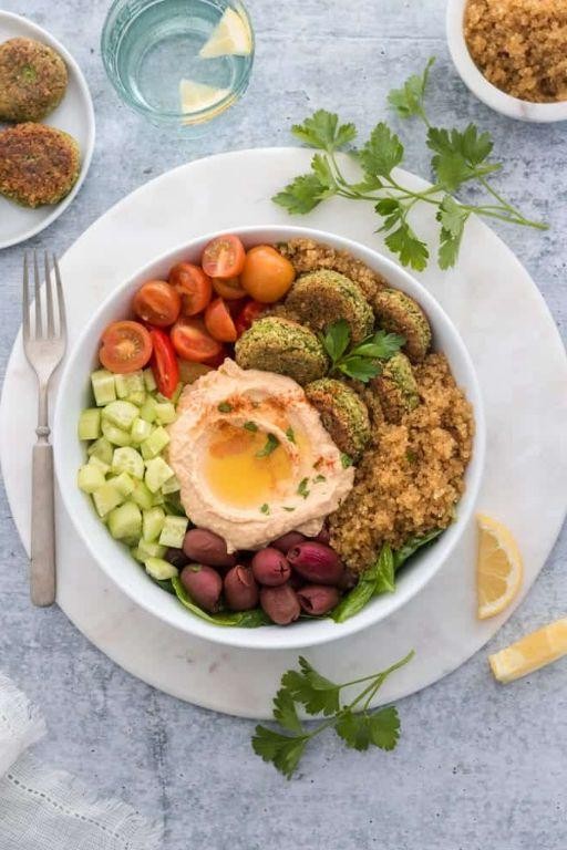 Crispy Falafel Quinoa Bowl with Hummus and Pita