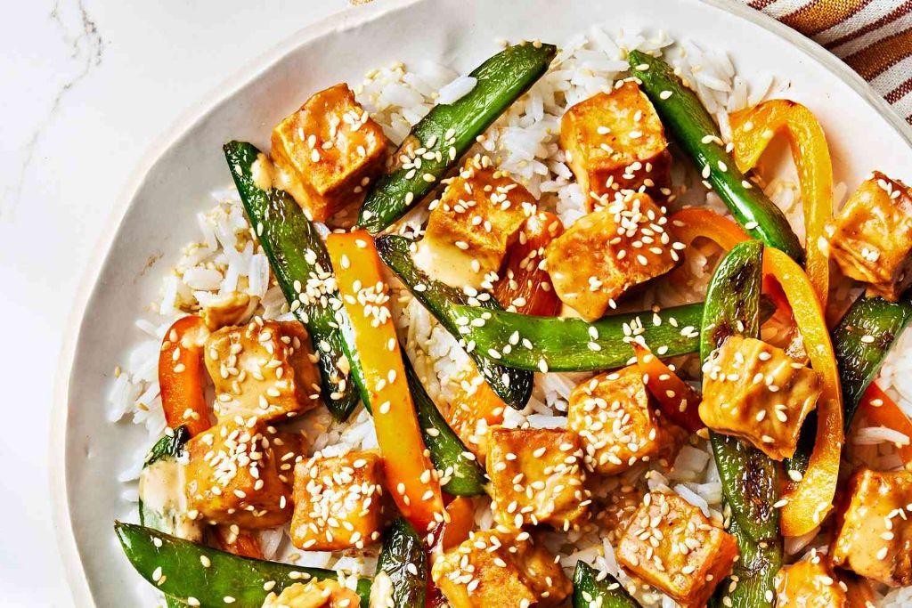 Crispy Tofu Stir Fry with Snap Peas and Bell Peppers