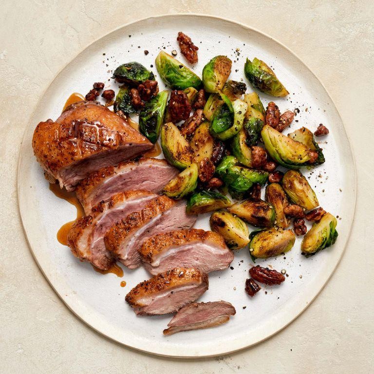 Duck with Apple Cider Reduction and Brussels Sprouts