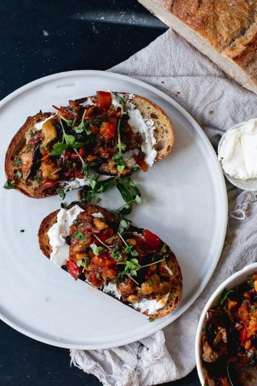 Eggplant Caponata with Mozzarella Bruschetta