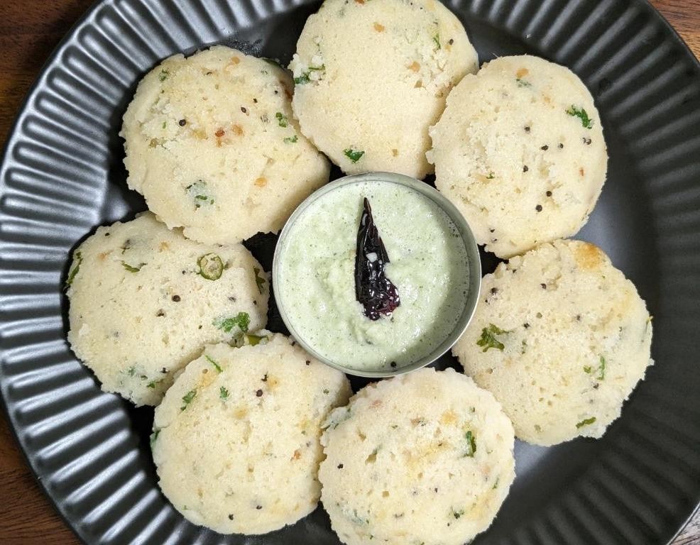 Fermented Rava Idli with Mint Chutney
