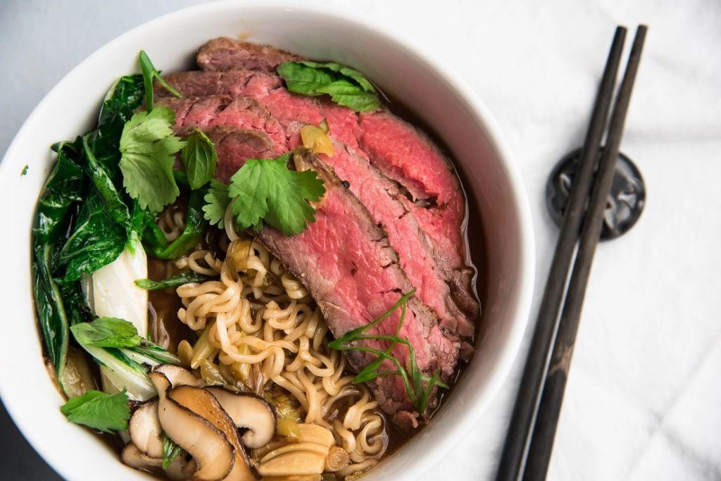 Flank Steak Ramen Bowl with Fresh Vegetables