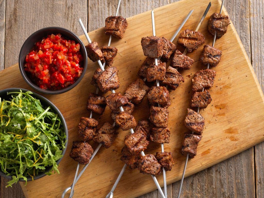 Flank Steak Skewers with Red Pepper Dip