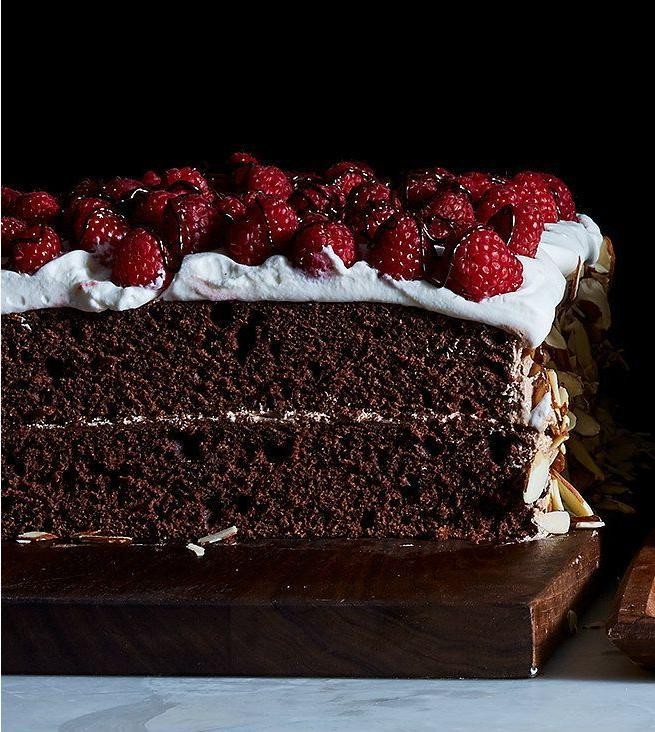 Fluffy Chocolate Sheet Cake with Raspberry Layer