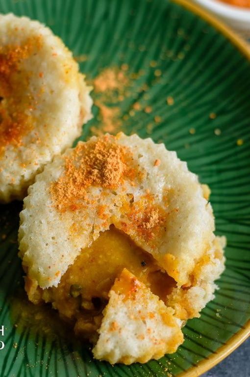 Fluffy Rava Idli Cake with Sambar Sauce