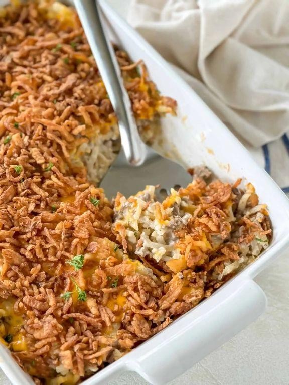 French Onion Hamburger and Hash Brown Bake