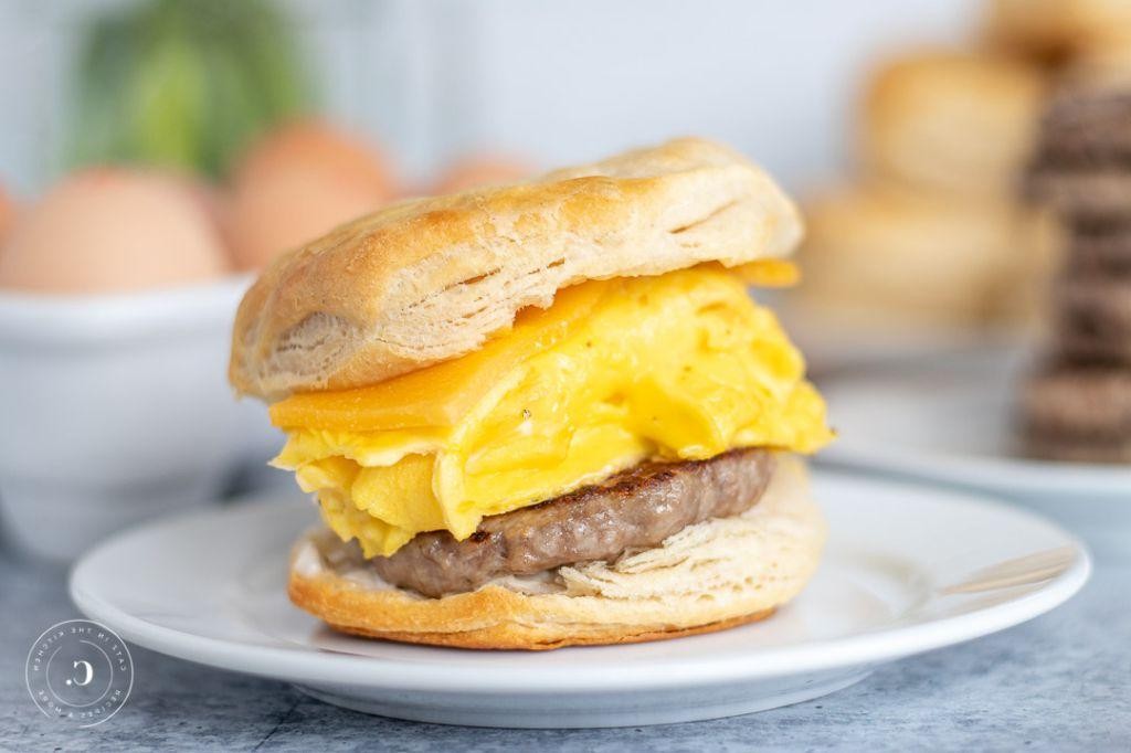 Fried Egg and Sausage Biscuit Sandwich