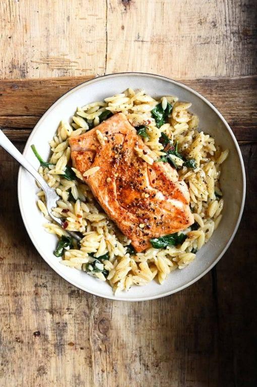 Garlic Butter Salmon and Orzo Skillet