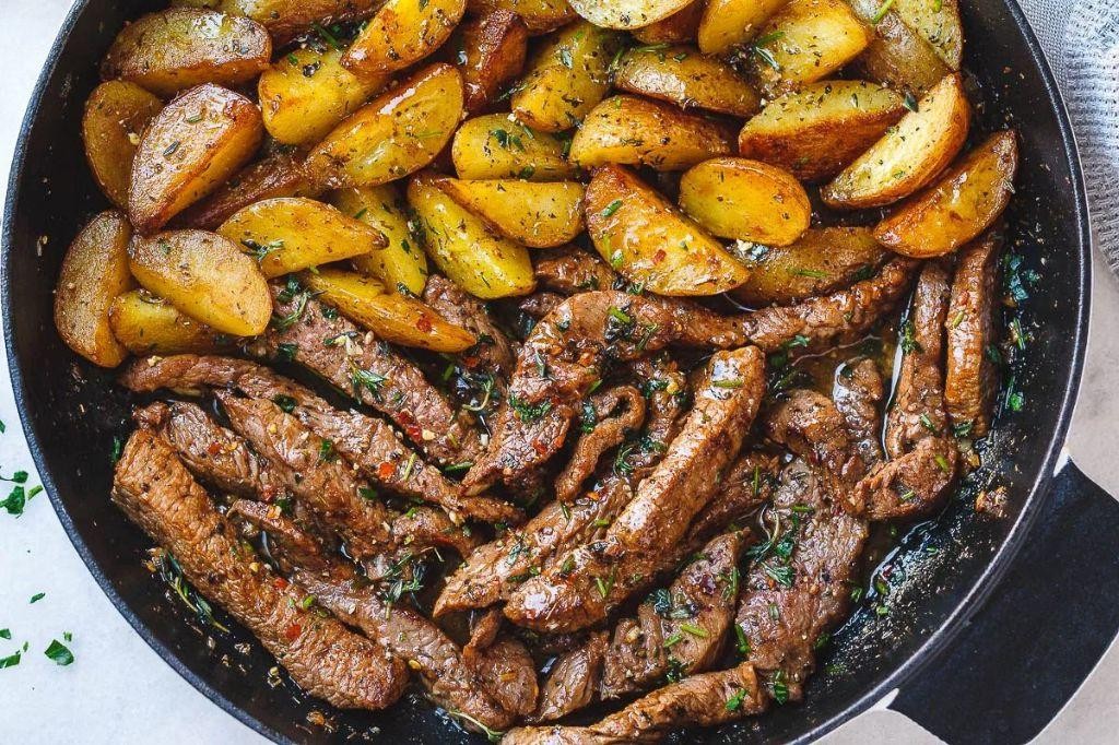 Garlic Herb Butter Flank Steak and Potatoes