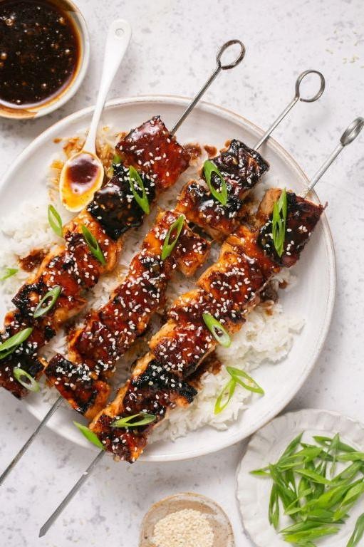 Glazed Asian Pear and Salmon Skewers