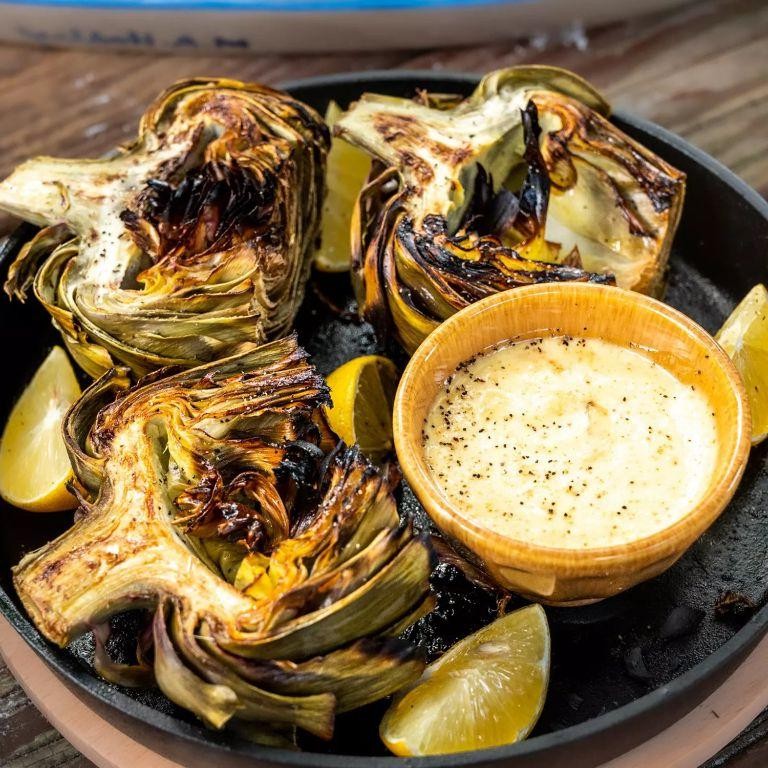 Grilled Artichokes with Lemon Garlic Sauce