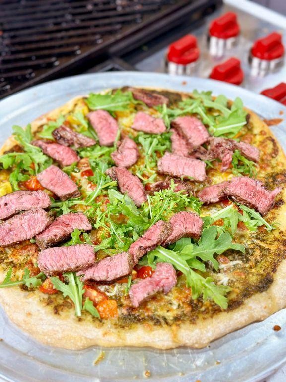 Grilled London Broil Pizza with Pesto
