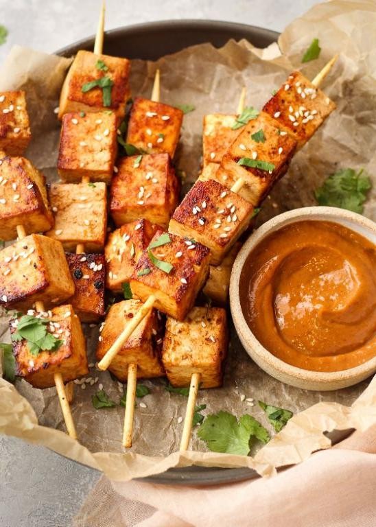Grilled Loofah Skewers with Spicy Peanut Sauce