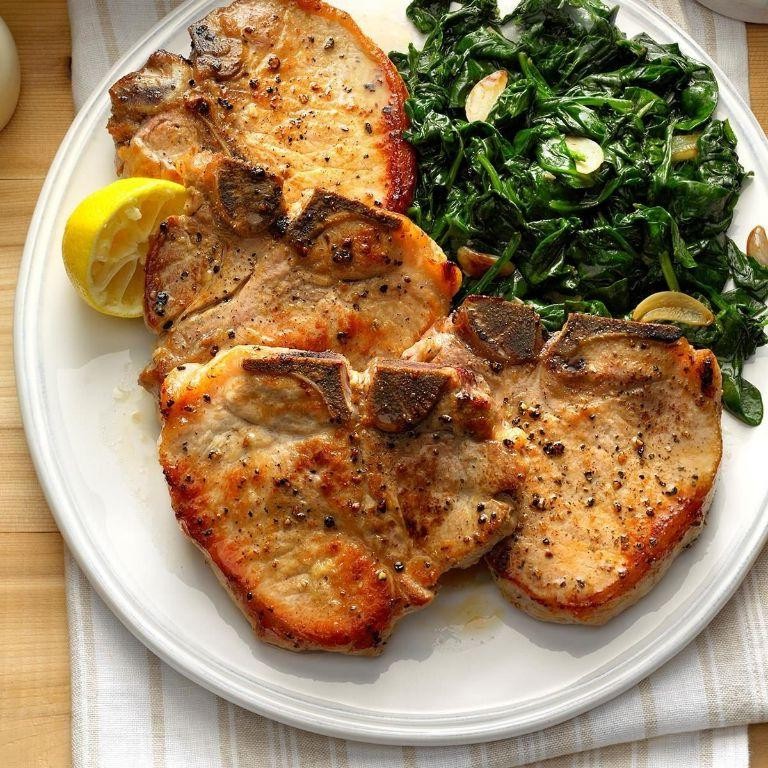 Grilled Pork Chops with Garlic Spinach