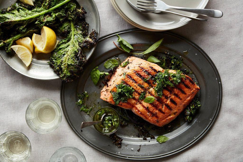 Grilled Salmon with Kale and Lemon Herb Butter