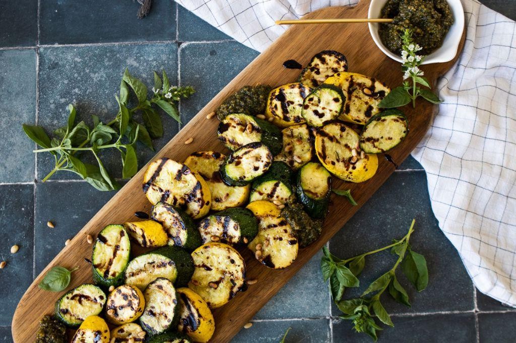Grilled Squash and Zucchini with Pesto Drizzle