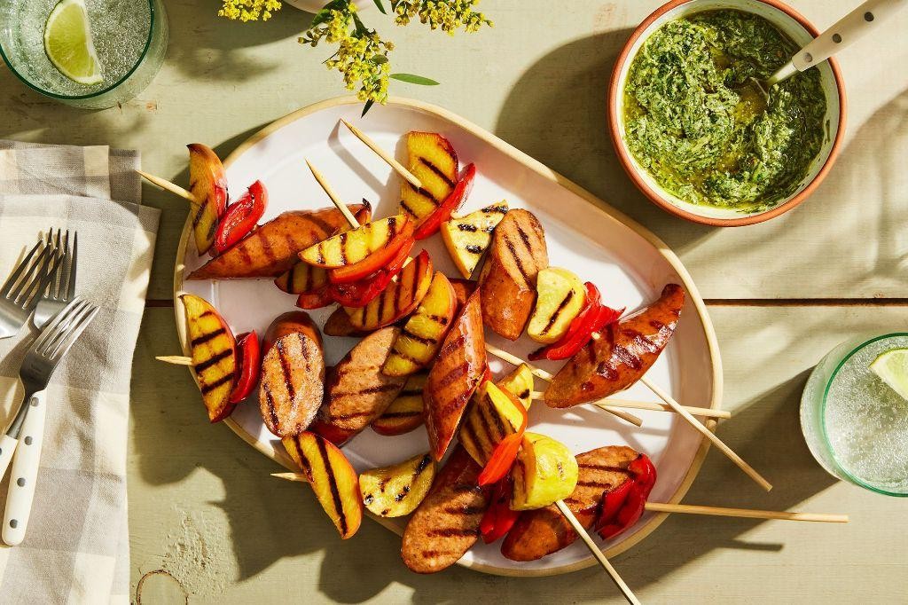 Grilled Summer Sausage and Vegetable Skewers
