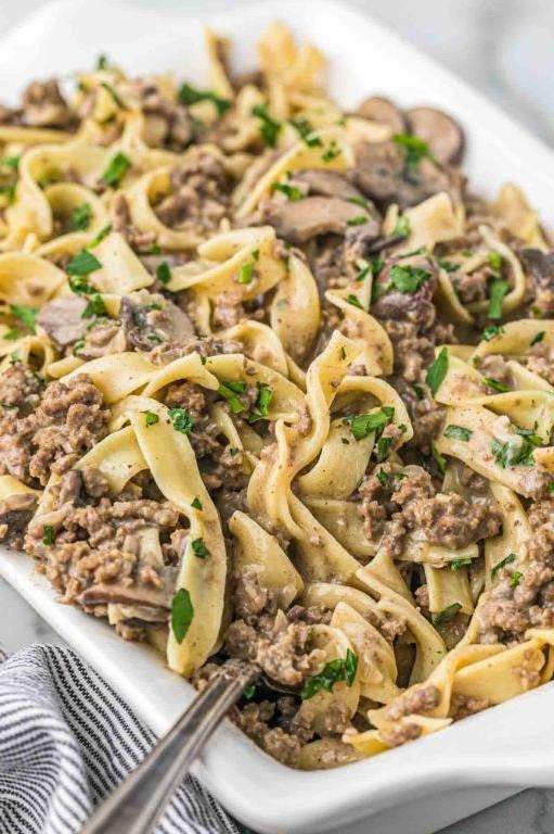 Ground Beef Stroganoff with Egg Noodles