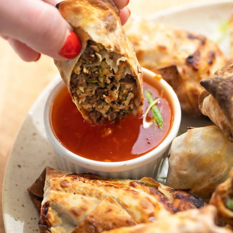Ground Beef and Shrimp Egg Rolls with Sweet Chili Sauce