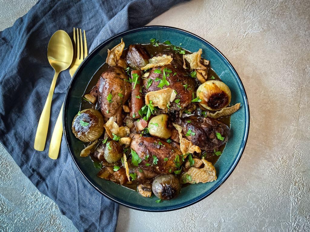 Hearty Coq au Vin with Crispy Chicken Skin
