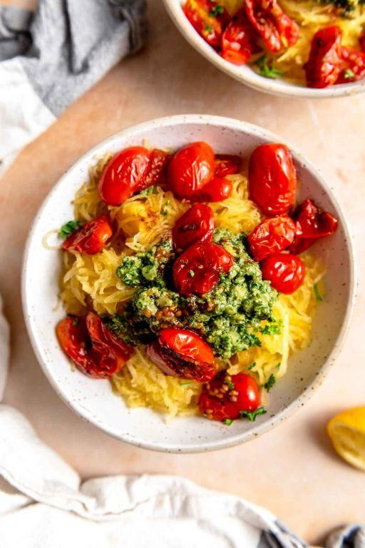 Herb Pesto Spaghetti Squash with Roasted Vegetables