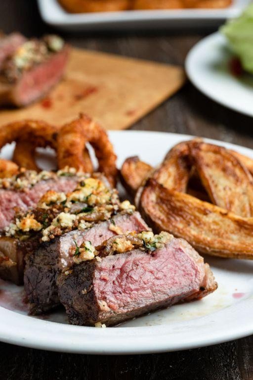 Herb-Crusted Flat Iron Steak with Blue Cheese Sauce