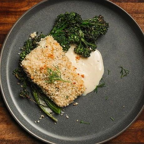 Herb-Crusted Pacific Halibut with Dijon Cream Sauce