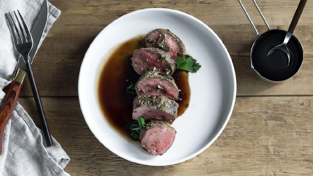 Herb-Crusted Venison with Red Wine Reduction