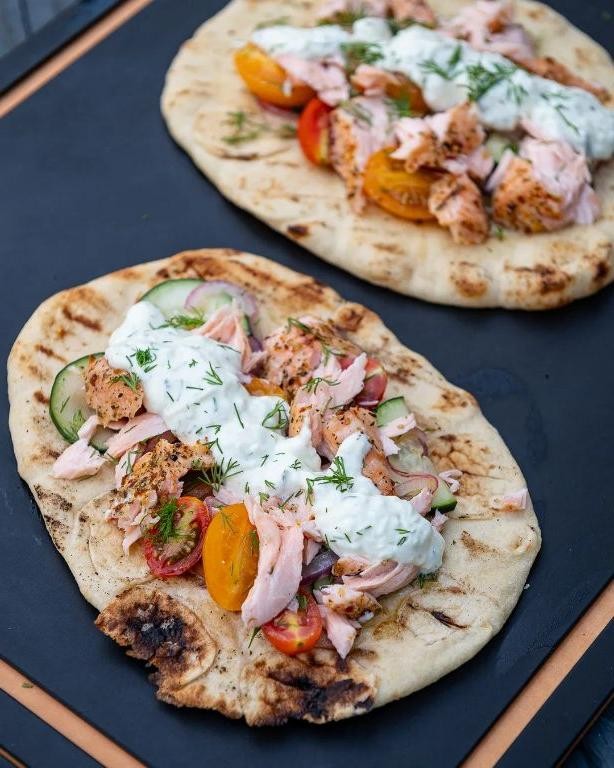 Herbed Salmon Gyros with Cucumber Salad