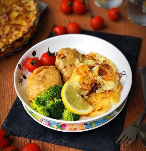 Honey Mustard Chicken with Cheesy Potato Gratin