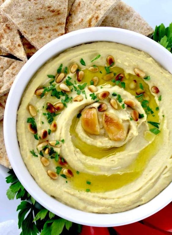Hummus with Roasted Garlic and Pine Nuts