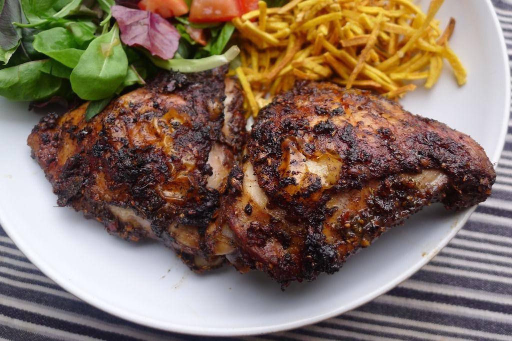 Jerk Chicken Thighs with Plantain Chips