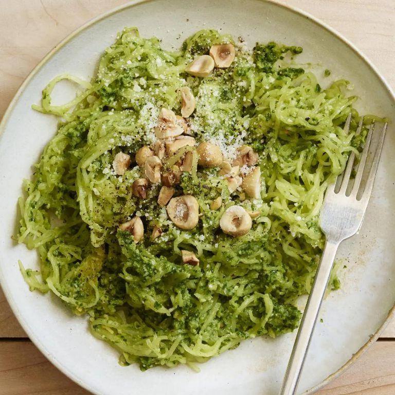 Kale Pesto Spaghetti Squash with Toasted Pine Nuts