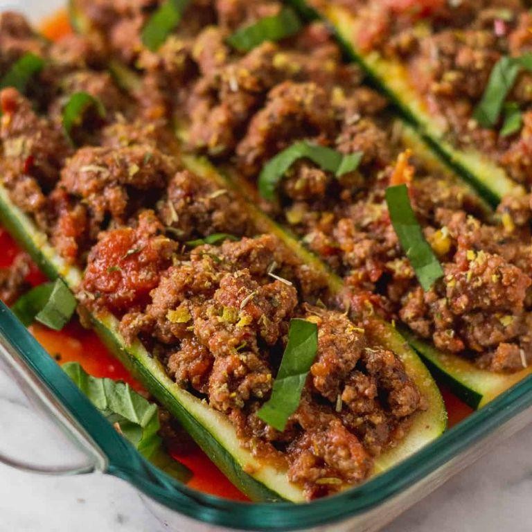 Kale and Beef-Stuffed Zucchini Boats