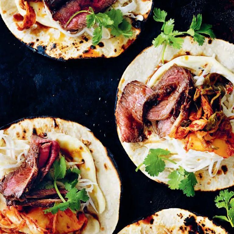 Korean BBQ Skirt Steak Tacos with Kimchi