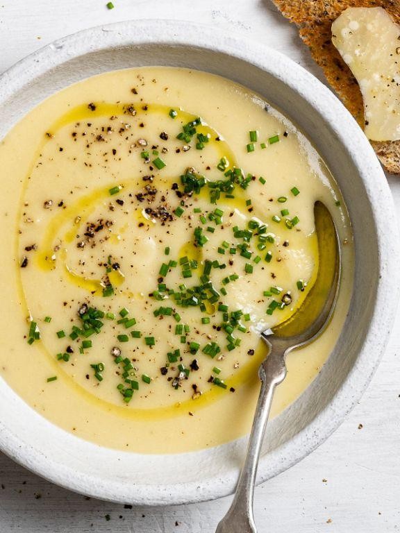 Leek and Potato Soup with Chive Garnish