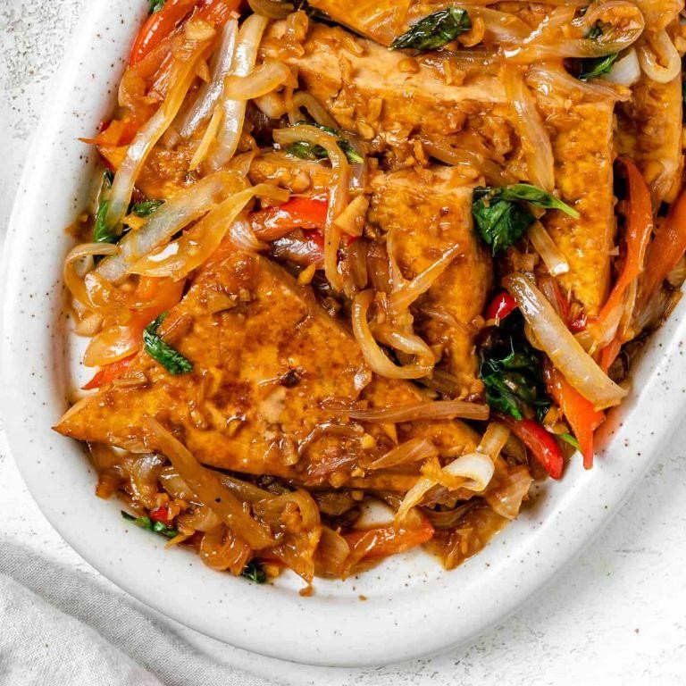 Lemon Basil Rice Noodle Stir Fry with Crispy Tofu