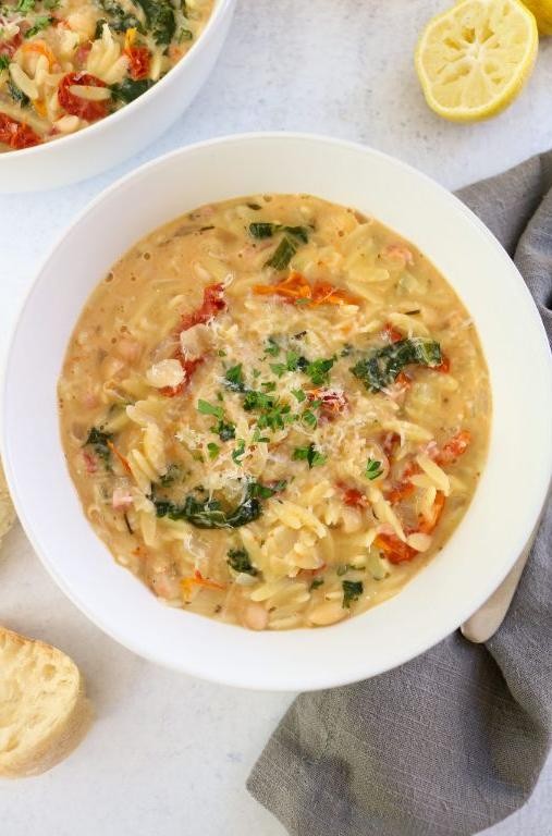 Lemon Chicken Orzo Soup with Sun-Dried Tomatoes